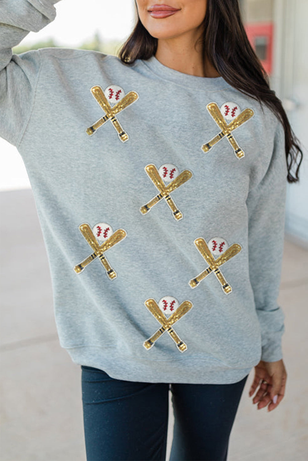 Gray Sequin Baseball Game Day Graphic Casual Sweatshirt