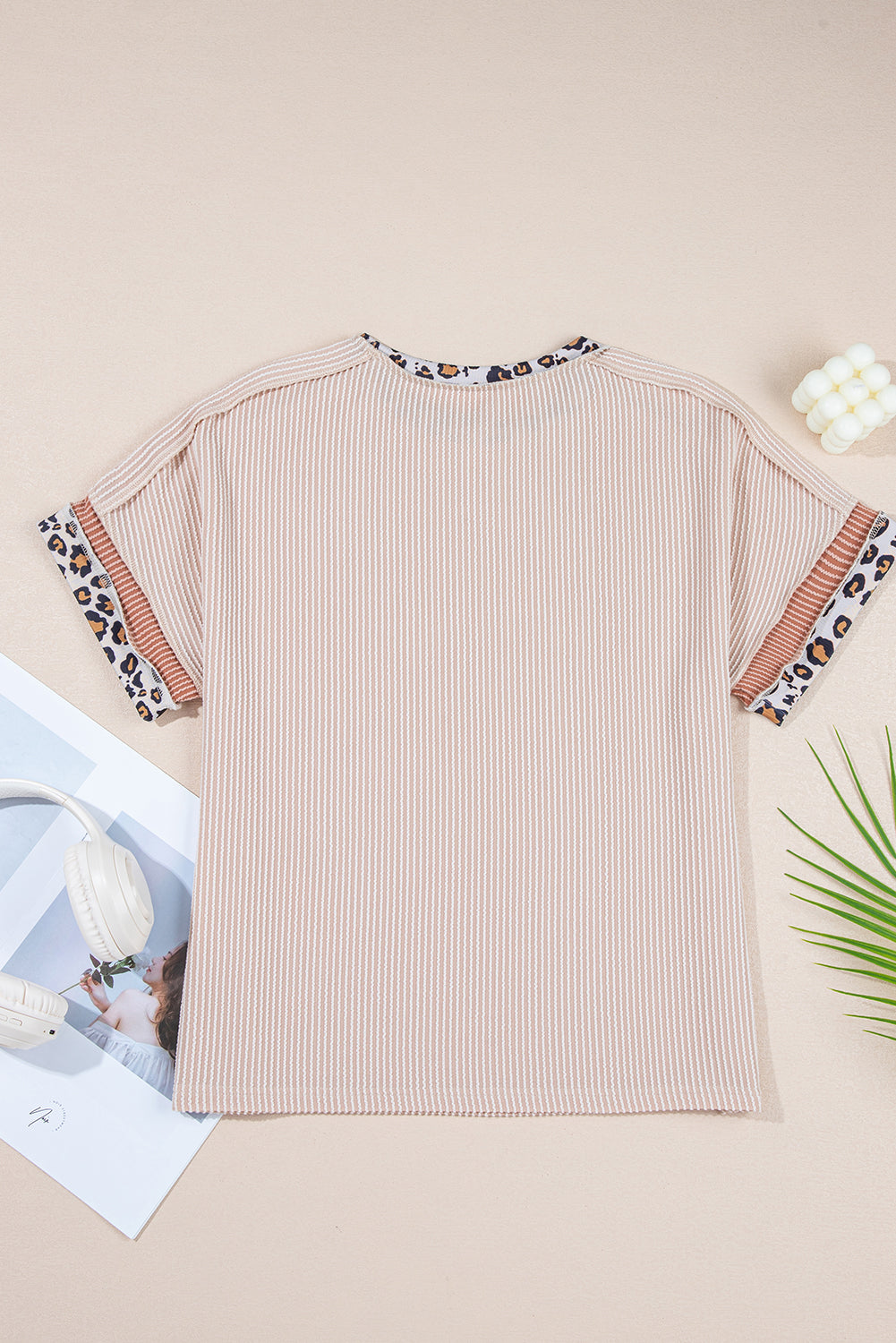 Jet Stream Leopard Patchwork Corded Knit Crew Neck T Shirt