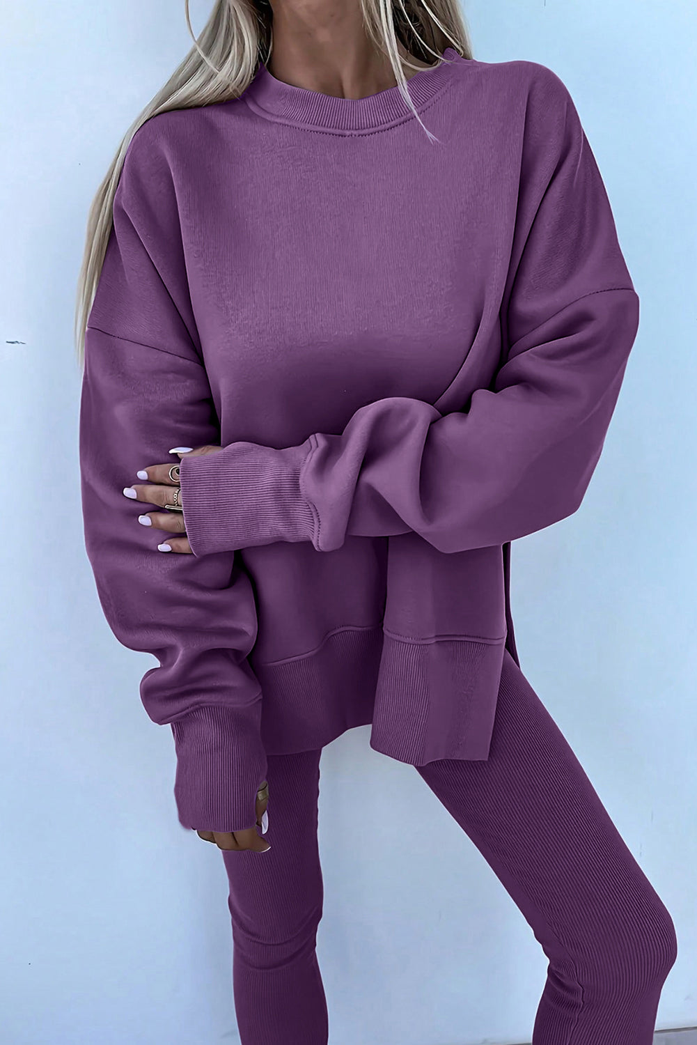 Oversize Slit Sweatshirt Ribbed Leggings Set