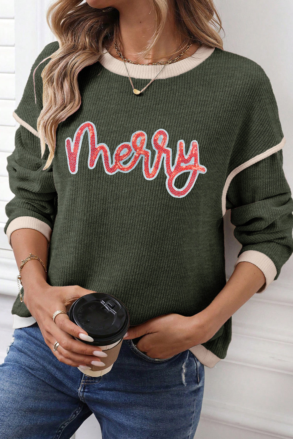 Four Leaf Clover Merry Patched Graphic Contrast Trim Christmas Knitted Long Sleeve Top