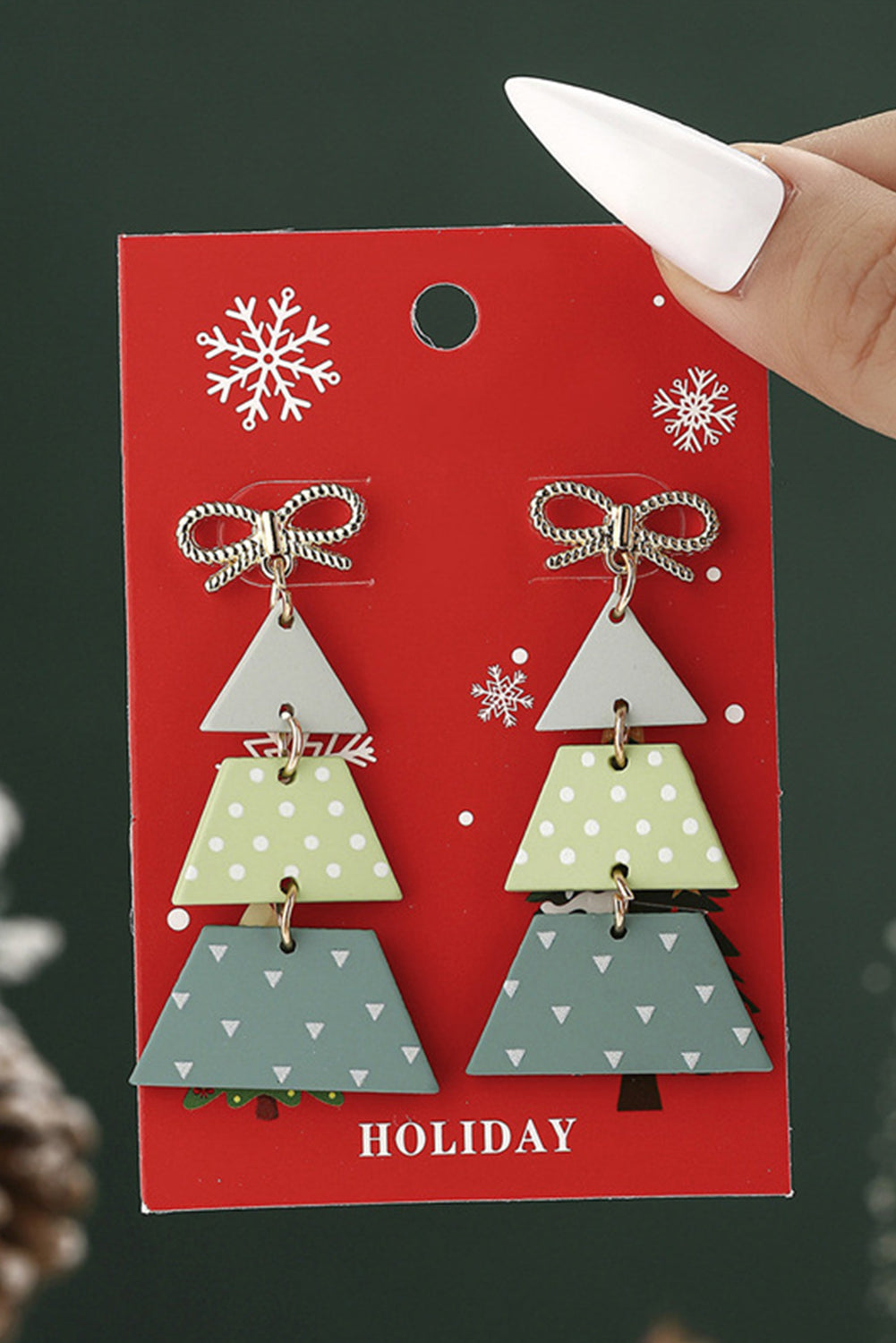 Light Green Geometric Print Christmas Tree Drop Earrings