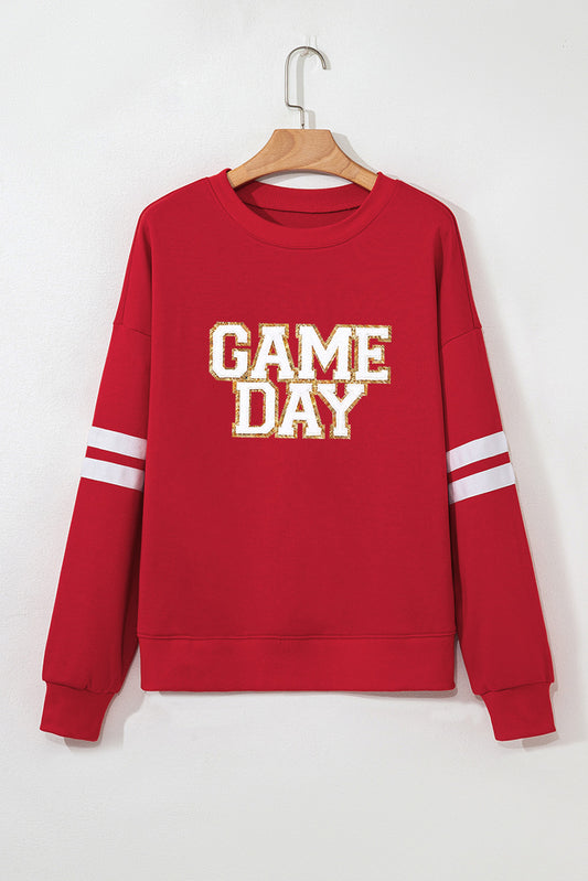 Fiery Red Glitter Trim GAME DAY Letter Graphic Oversized Varsity Sweatshirt