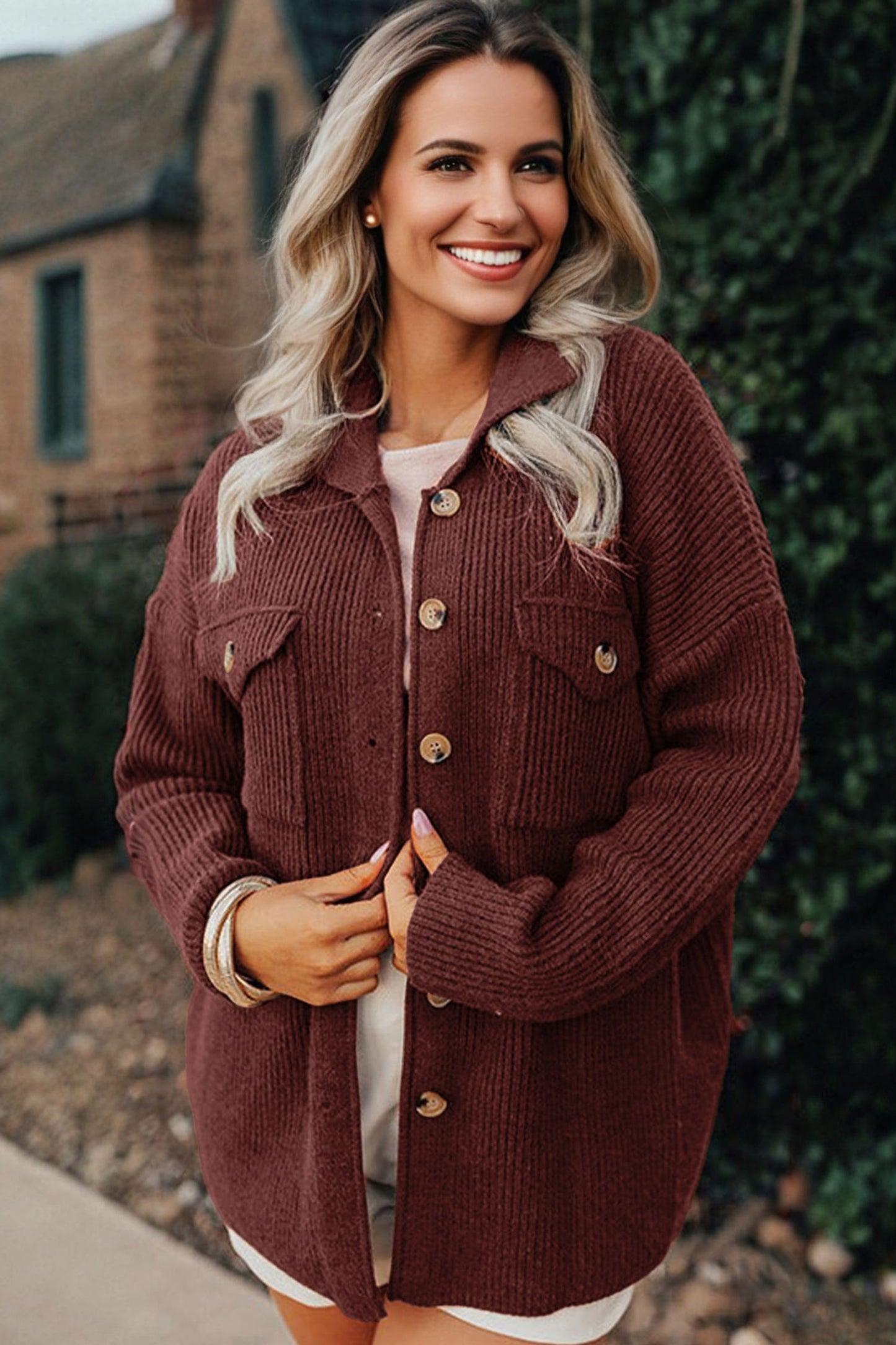 Red Sandalwood Ribbed Knit Buttons Front Flap Pocket Casual Shacket