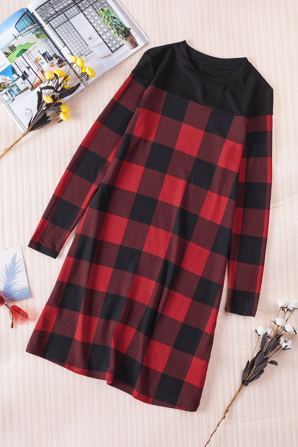 Buffalo Plaid Splicing Long Sleeve Mini Dress