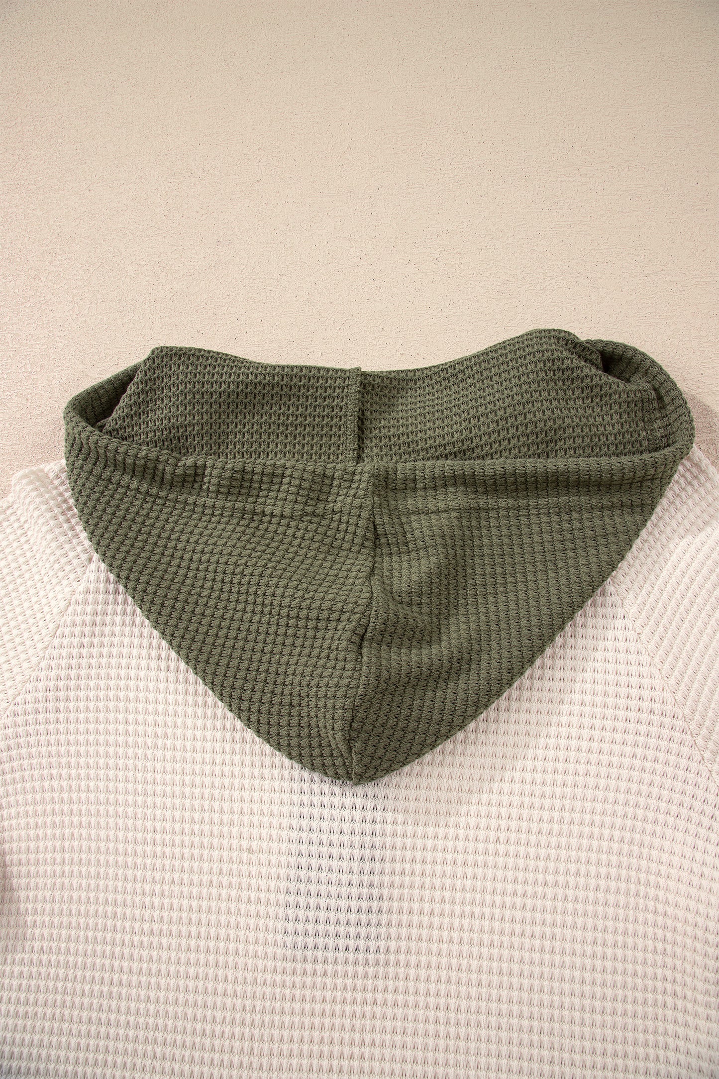 White Waffle Contrast Half Buttoned Hooded Pullover Top