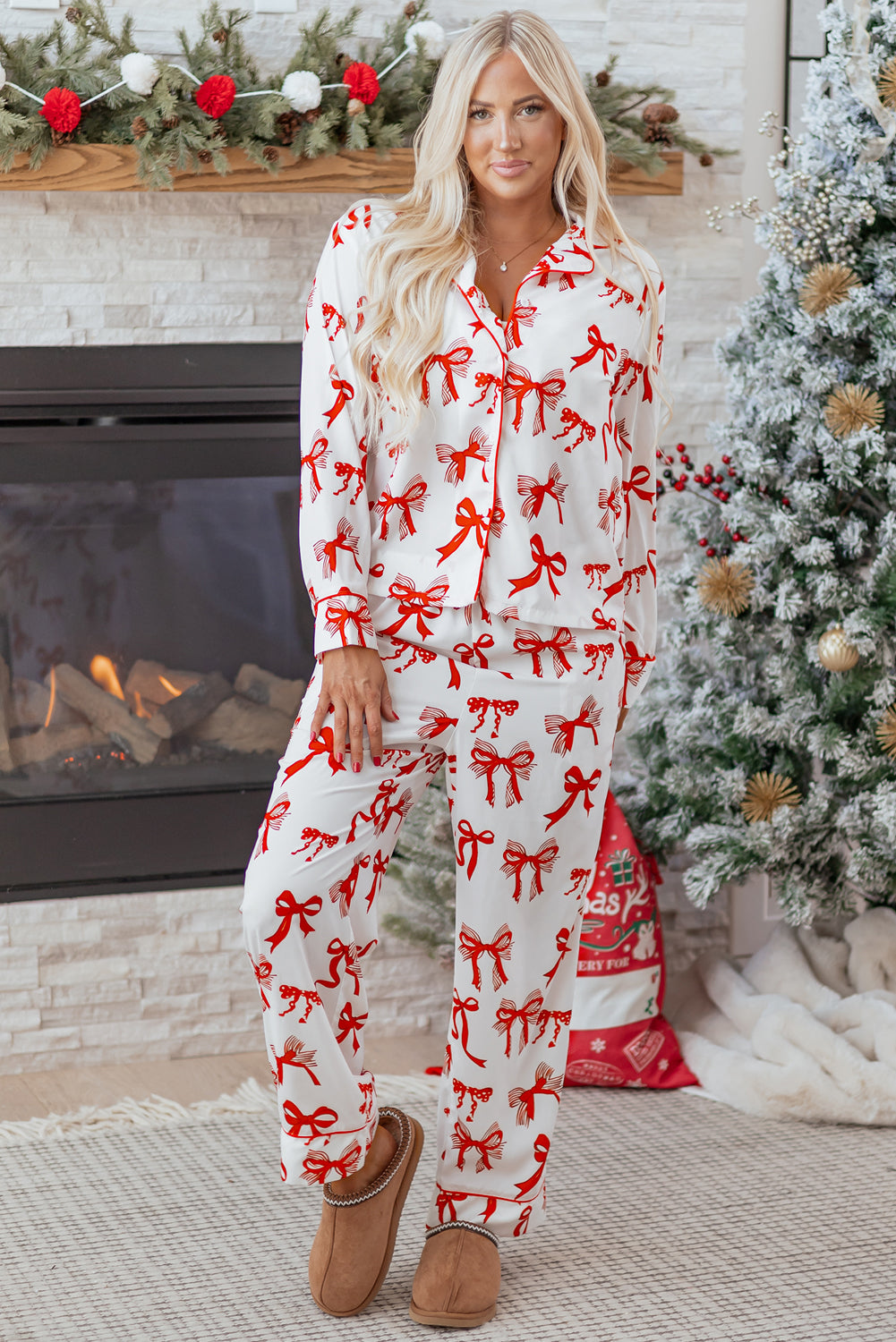 Red Christmas Bow Print Long 2pcs Pajama Set