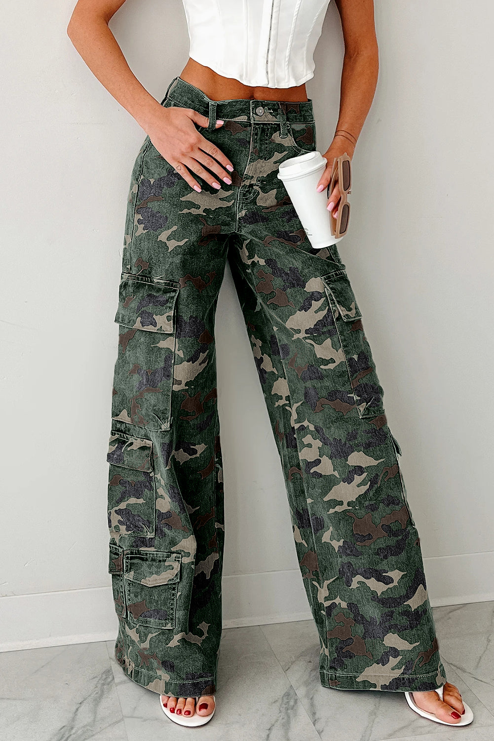 Green Camo Multi Pocket Cargo Wide Leg Jeans