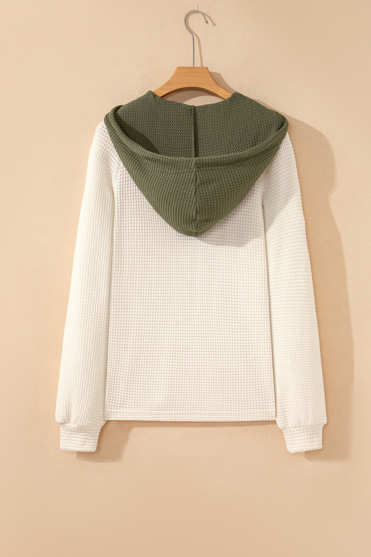 White Waffle Contrast Half Buttoned Hooded Pullover Top