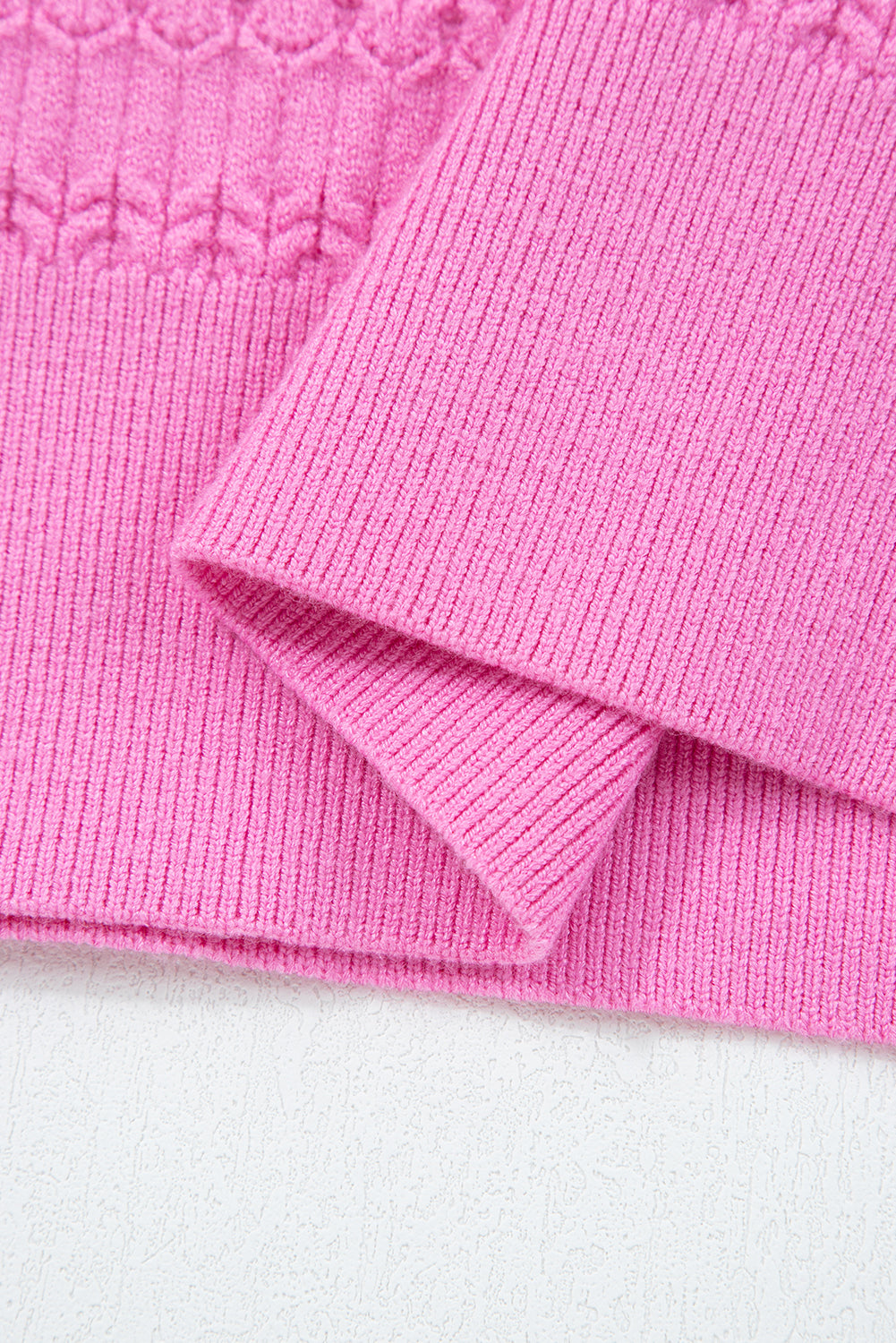 Bright Pink Trendy Pattern Knit Ribbed Cuffs Crew Neck Sweater