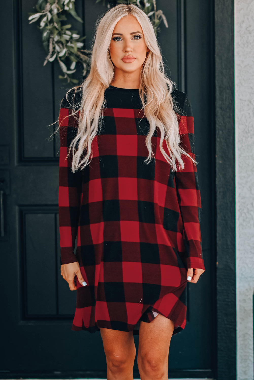 Buffalo Plaid Splicing Long Sleeve Mini Dress