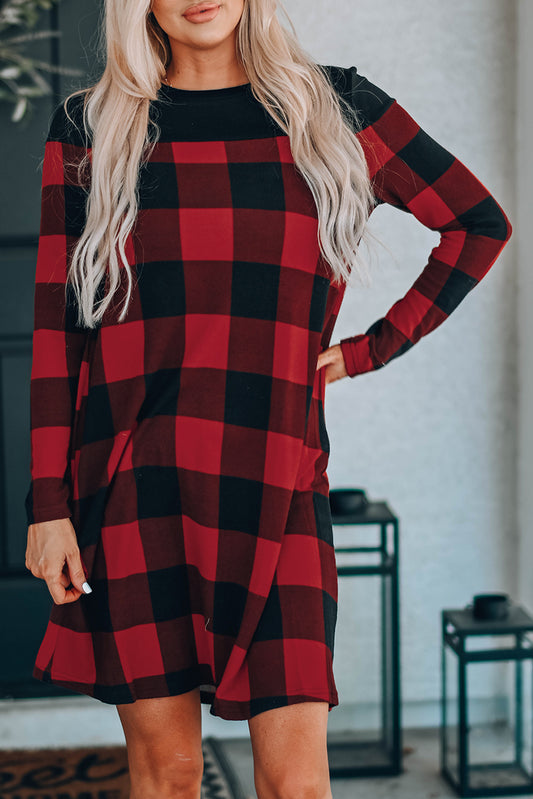 Buffalo Plaid Splicing Long Sleeve Mini Dress