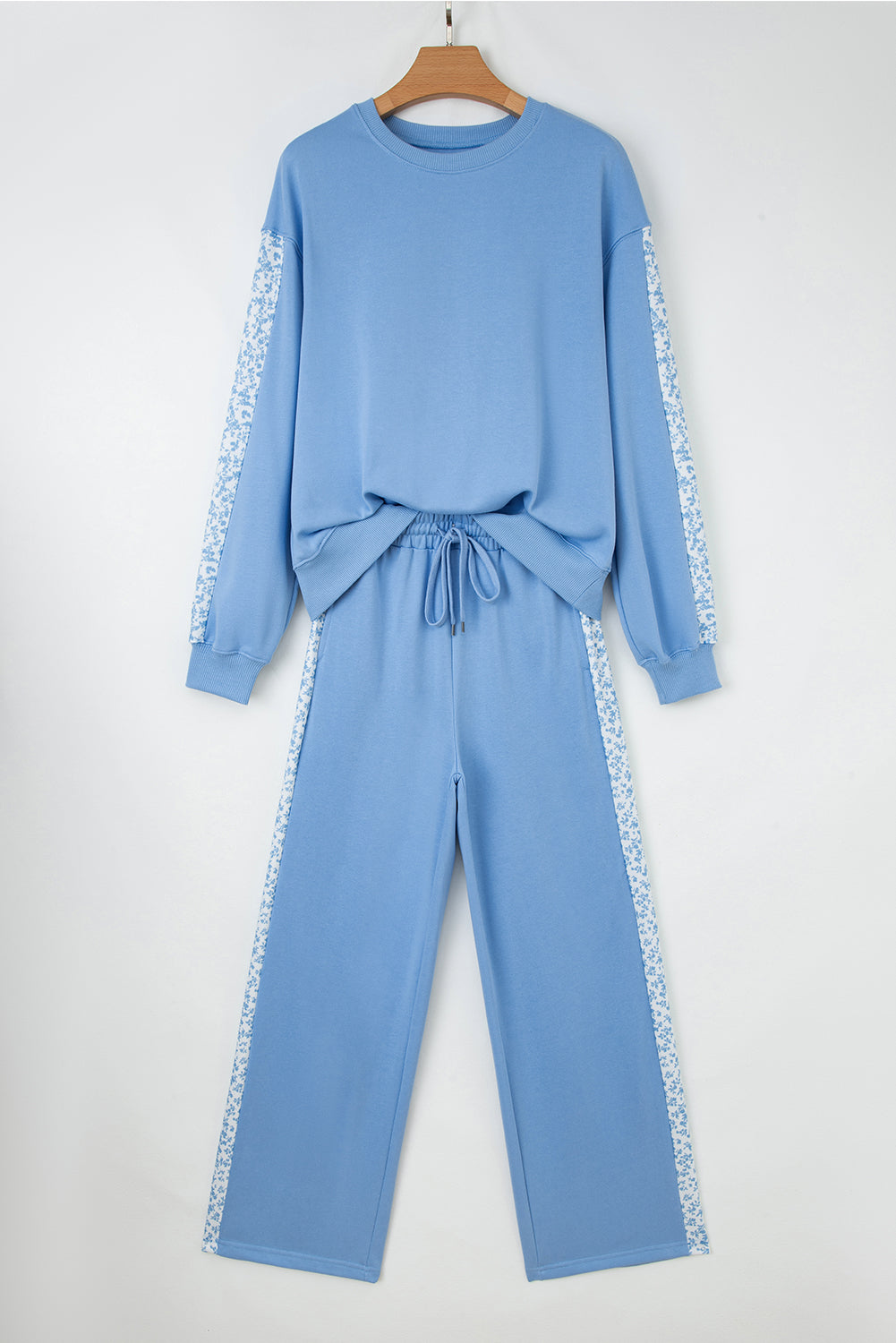Beau Blue Floral Patchwork Drop Shoulder Pullover and Sweatpants Lounge Set