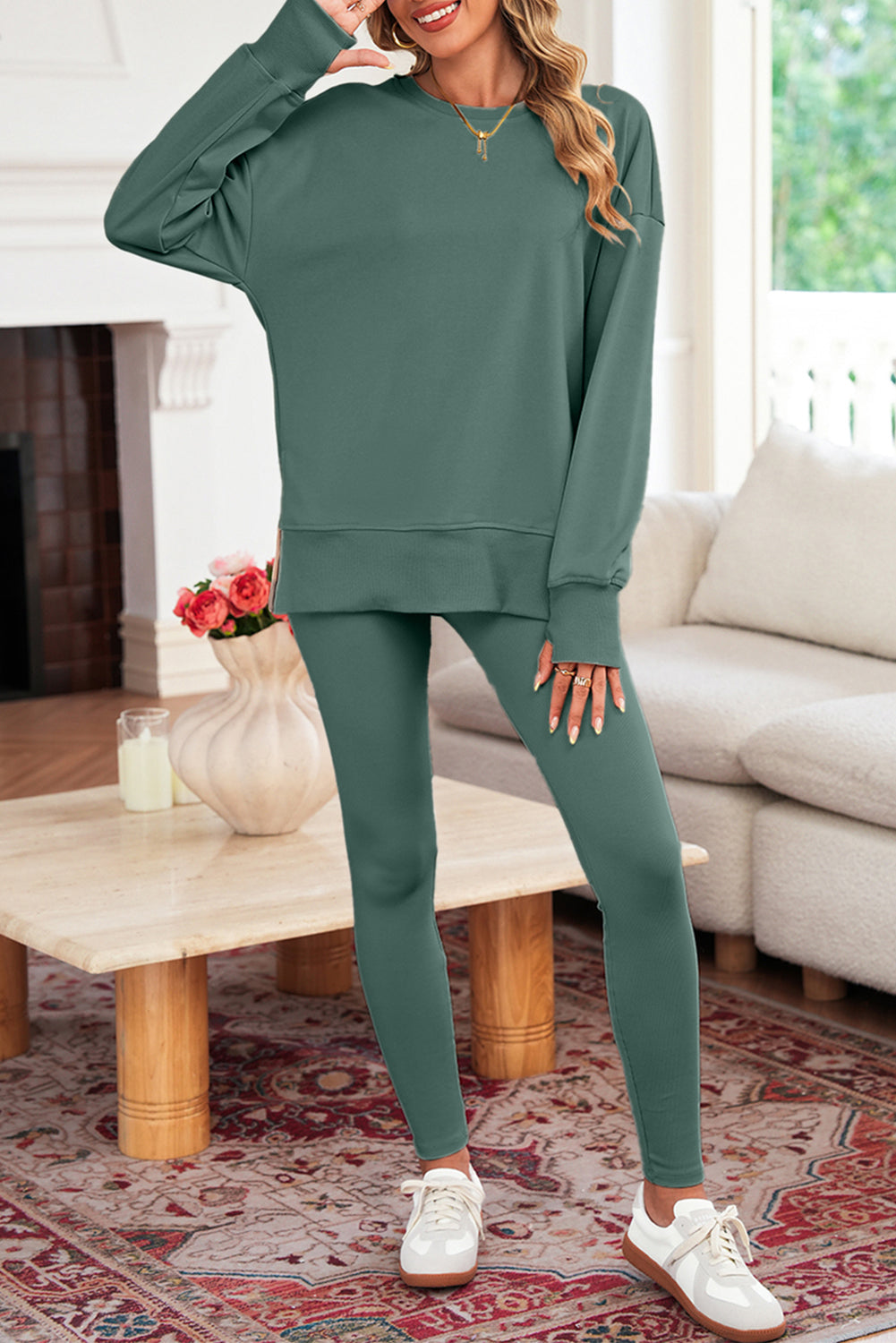 Oversize Slit Sweatshirt Ribbed Leggings Set