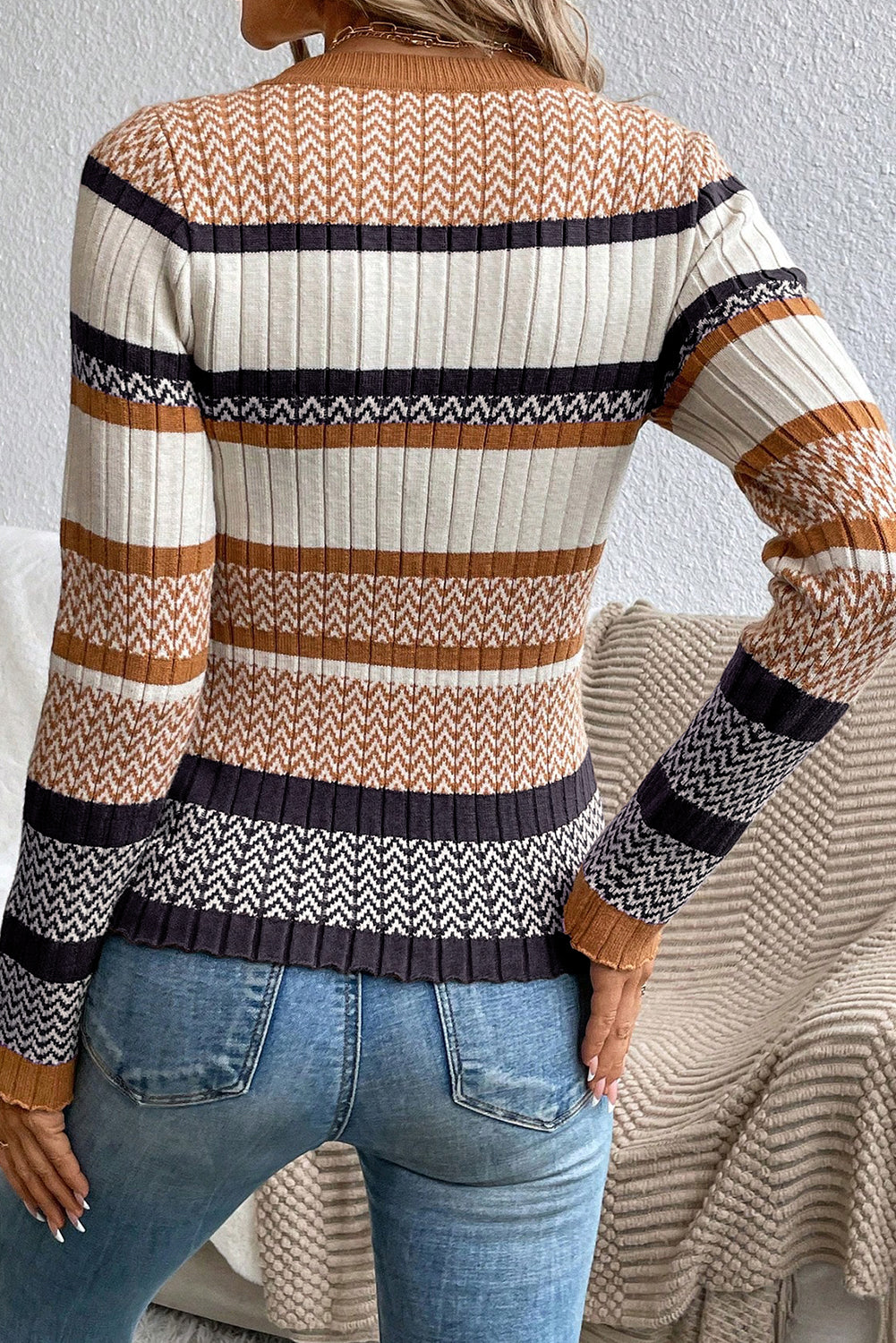 Brown Stripe Stylish Pattern Knitted Ribbed Trim Slim Sweater