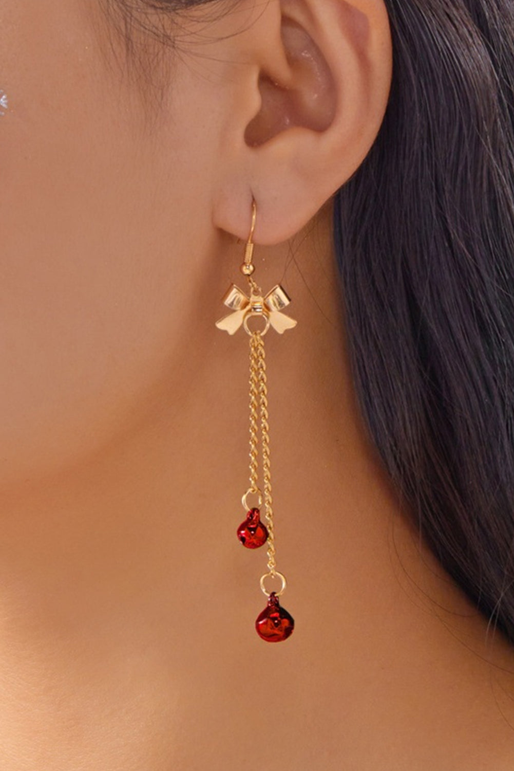Fiery Red Bow Christmas Jingle Bell Dangle Earring