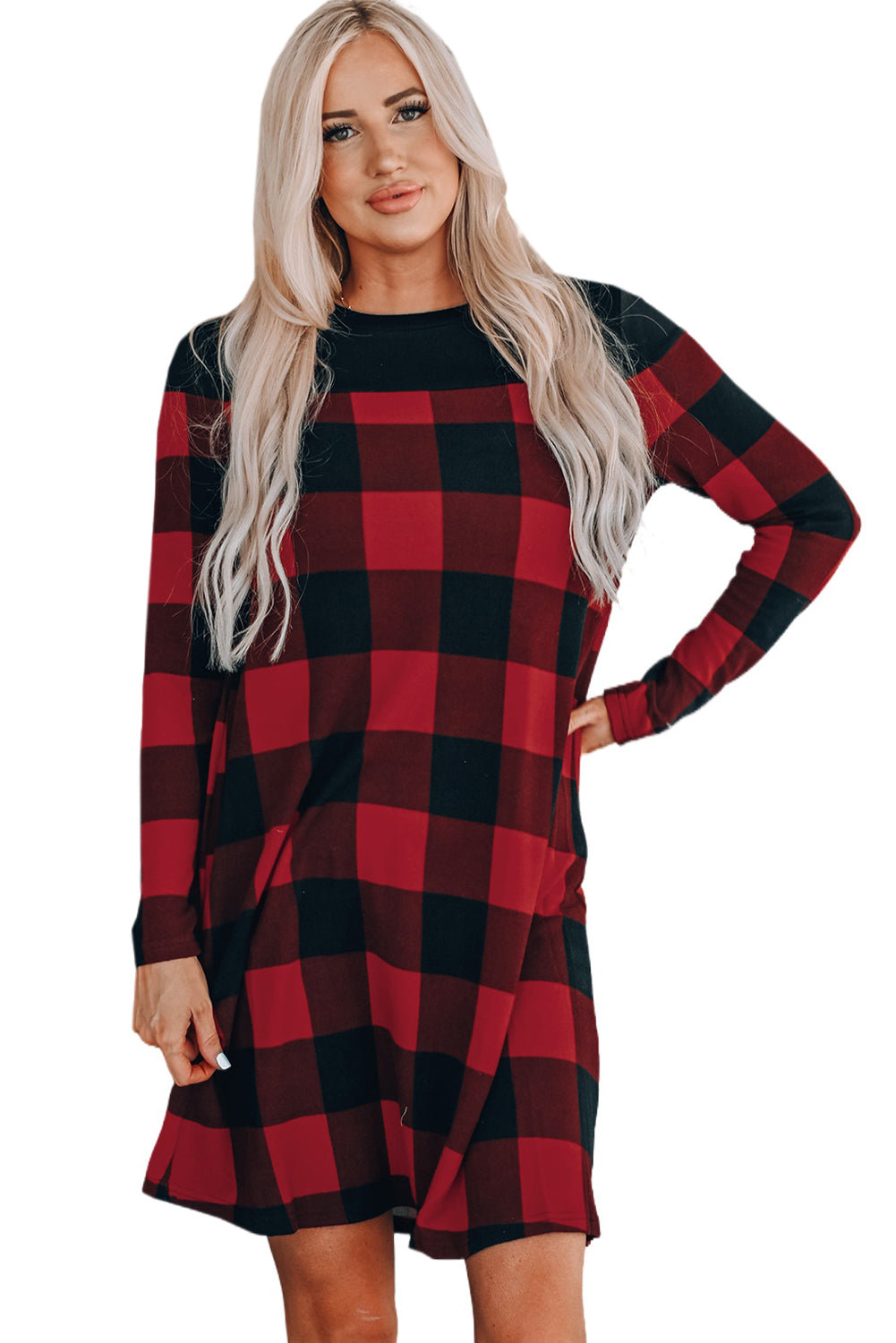 Buffalo Plaid Splicing Long Sleeve Mini Dress