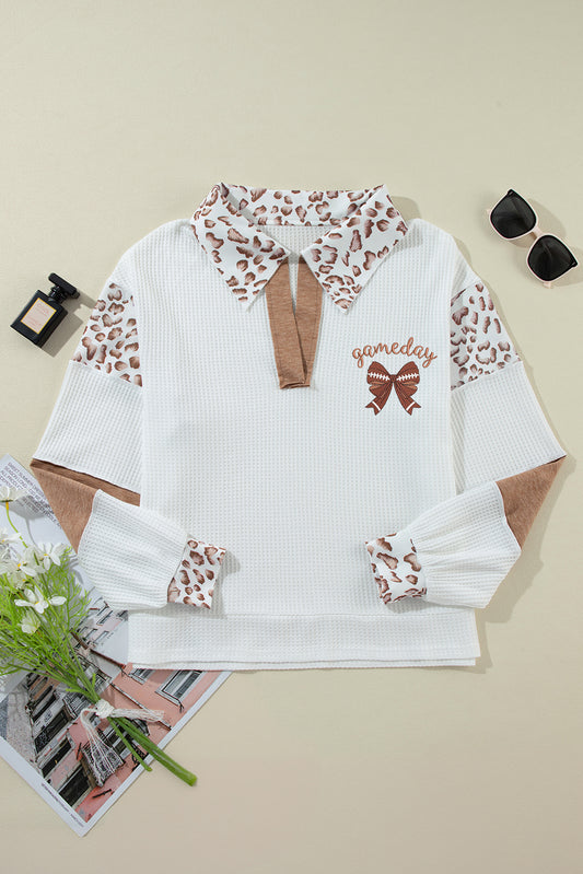 White game day Rugby Bow Embroidered Graphic Leopard Collar Color Block Patchwork Top
