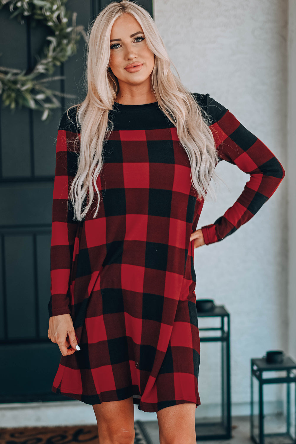 Buffalo Plaid Splicing Long Sleeve Mini Dress