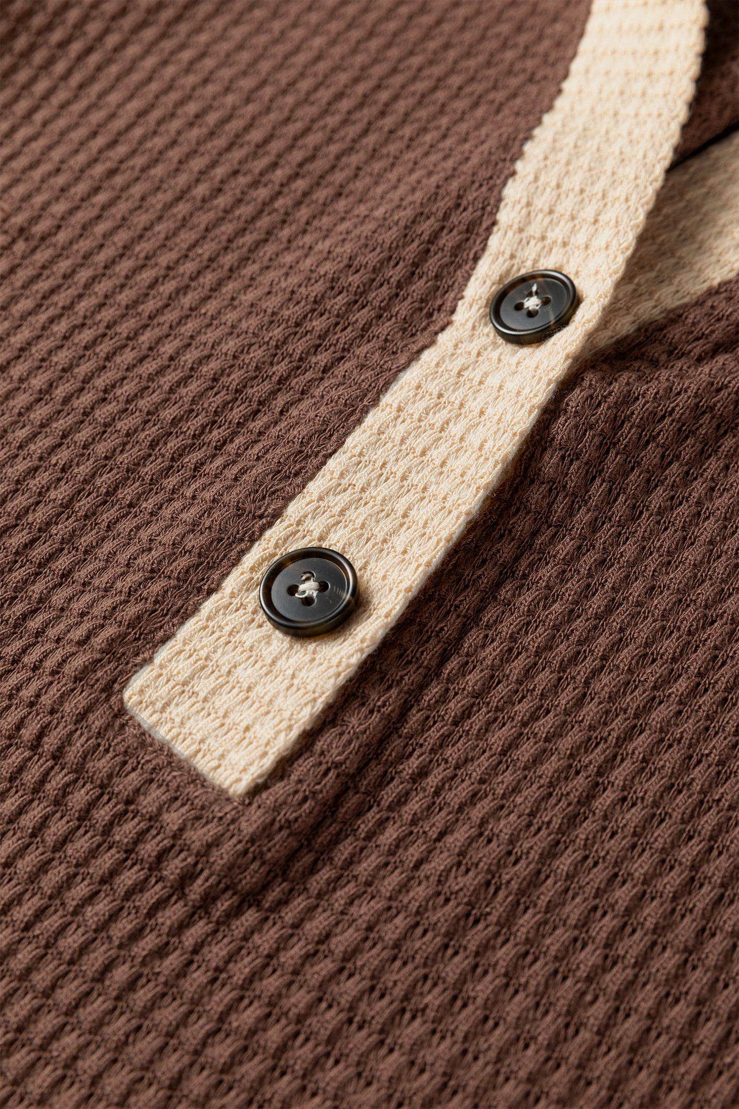 Coffee Waffle Contrast Half Buttoned Hooded Pullover Top