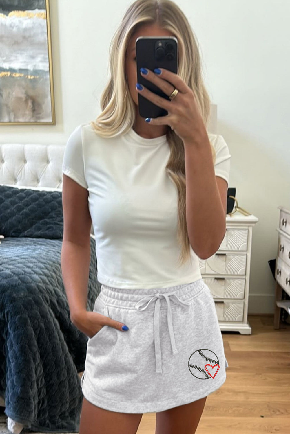 Light Grey Softball Heart Embroidery French Terry Skort