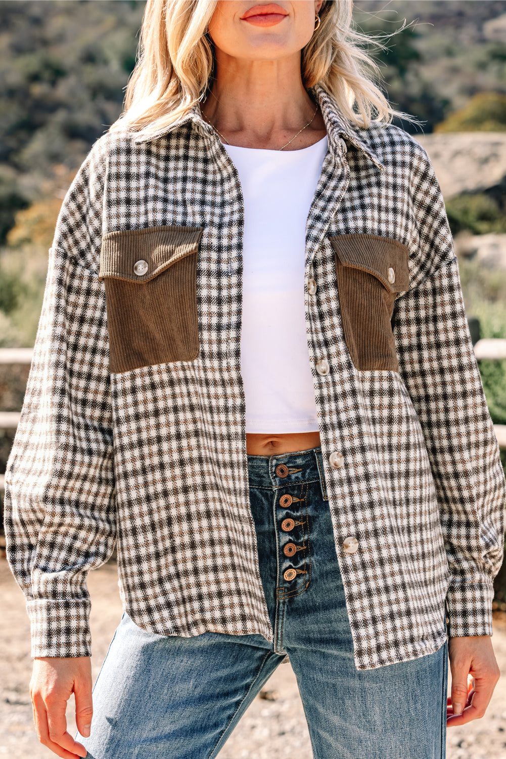 Casual Contrast Corduroy Flap Pocket Patchwork Plaid Shacket