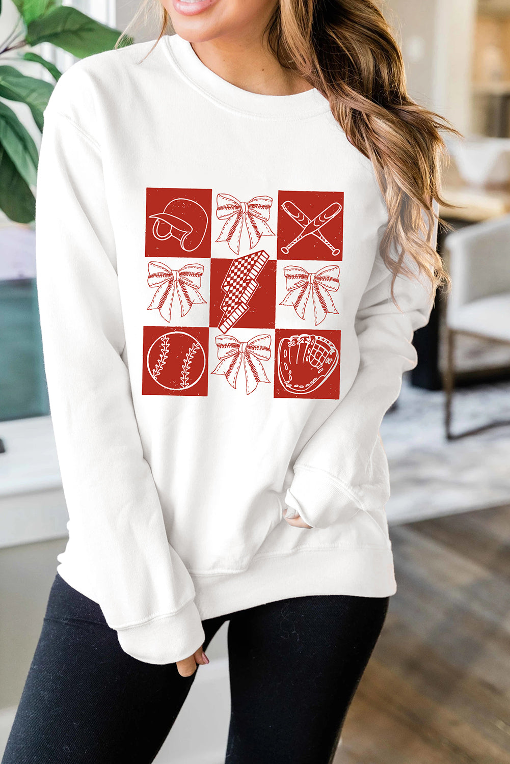 White Baseball Fashion Graphic Cotton Blend Casual Sweatshirt