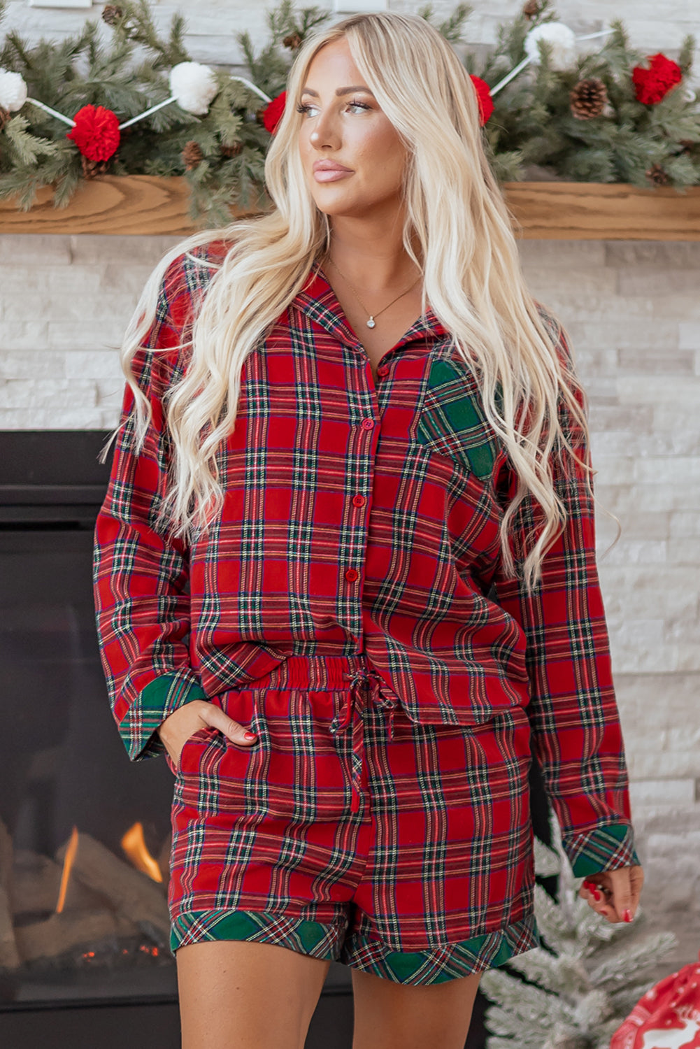 Dearlovers Red Plaid Contrast Patched Christmas Holiday Long Sleeve Shirt and Short 2pcs Pajama Set