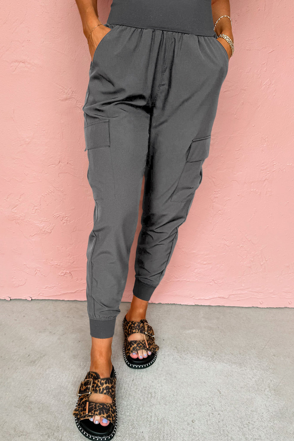 Elastic High Waist Pocketed Cargo Jogger Pants
