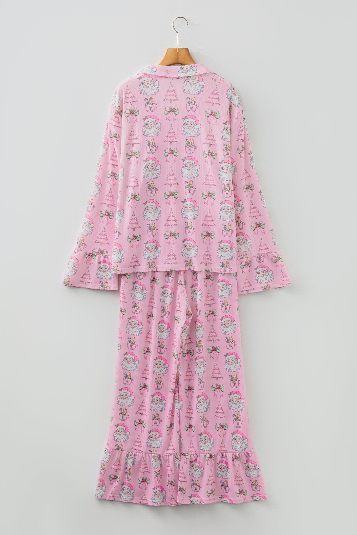 Pink Christmas Print Ruffled Ribbed Shirt & Pants 2 Piece PJ Set