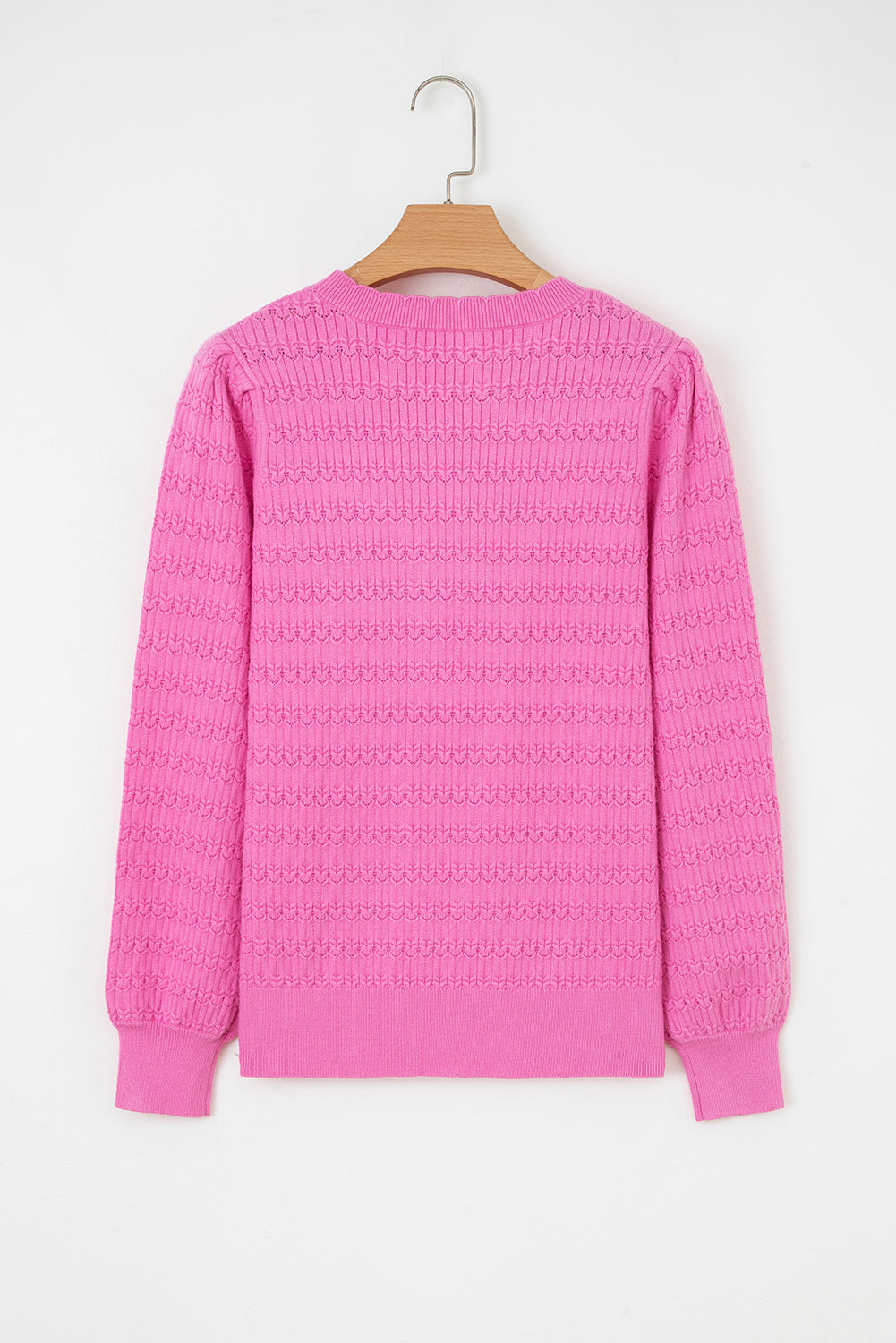 Bright Pink Trendy Pattern Knit Ribbed Cuffs Crew Neck Sweater