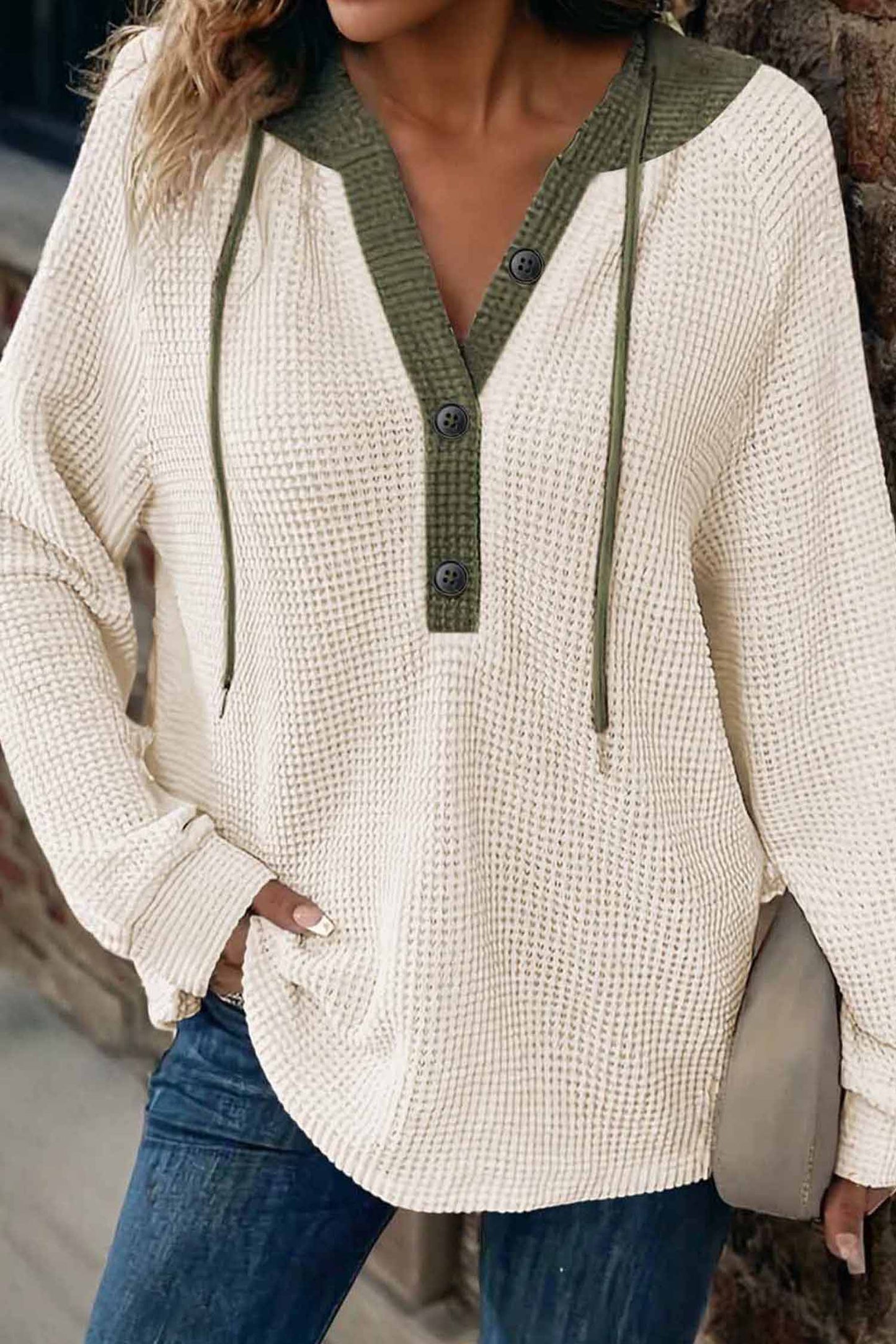 White Waffle Contrast Half Buttoned Hooded Pullover Top