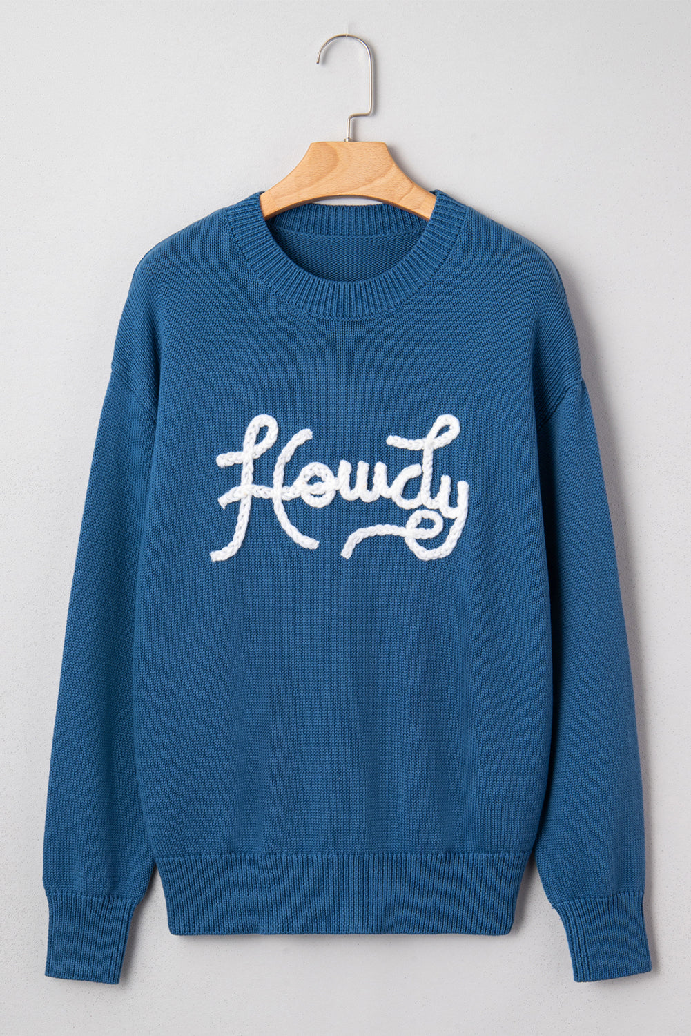 Dusk Blue Howdy Embroidered Graphic Western Sweater