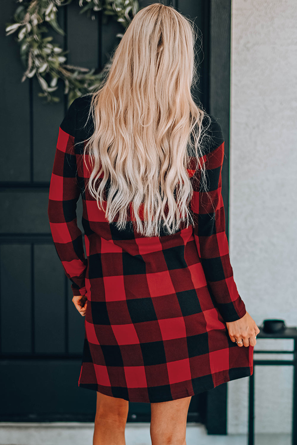 Buffalo Plaid Splicing Long Sleeve Mini Dress
