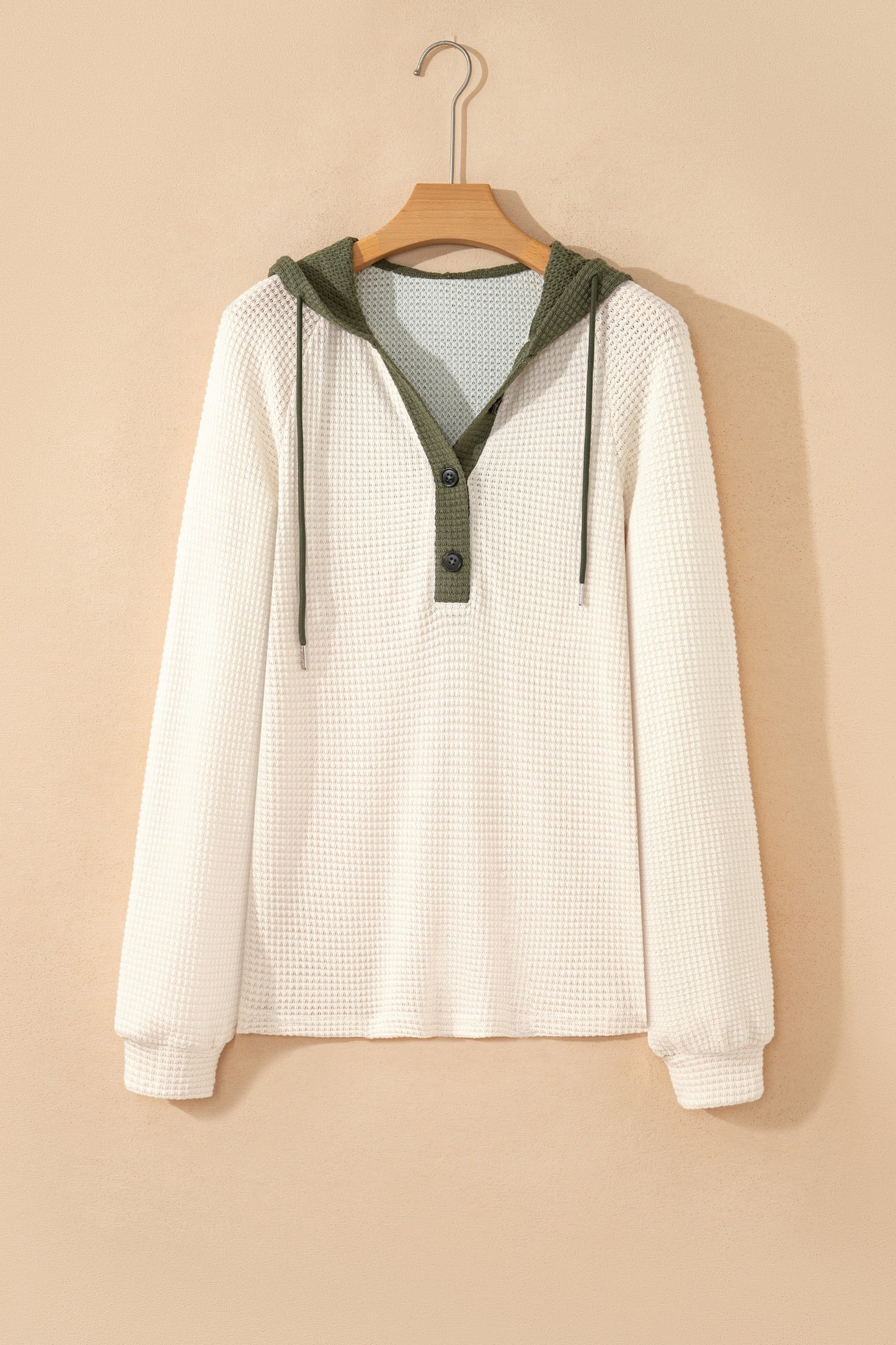 White Waffle Contrast Half Buttoned Hooded Pullover Top