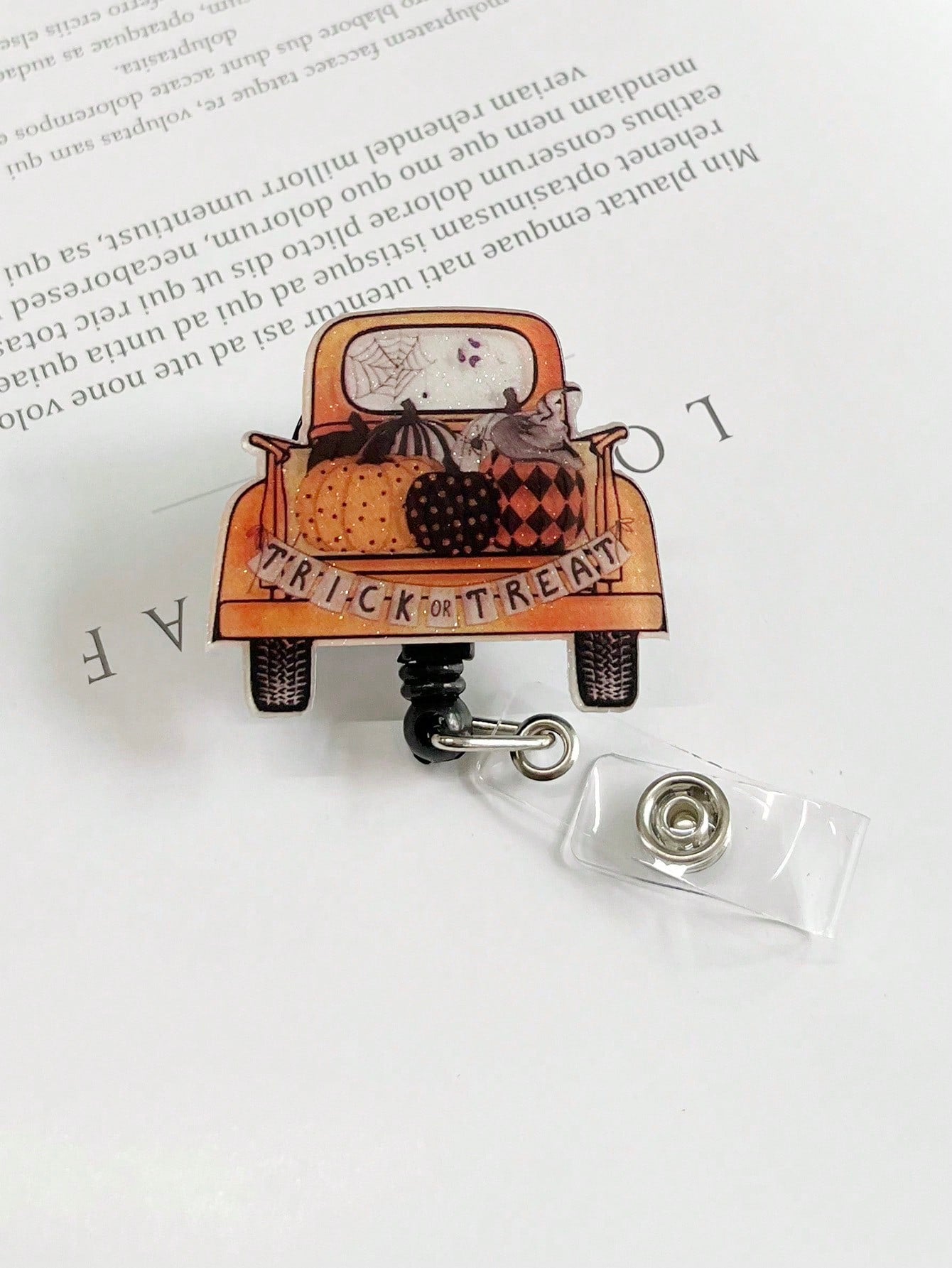 Retractable Glitter Acrylic Pumpkin Car Trick or Treat Badge Reels Holders with Alligator Swivel Clip
