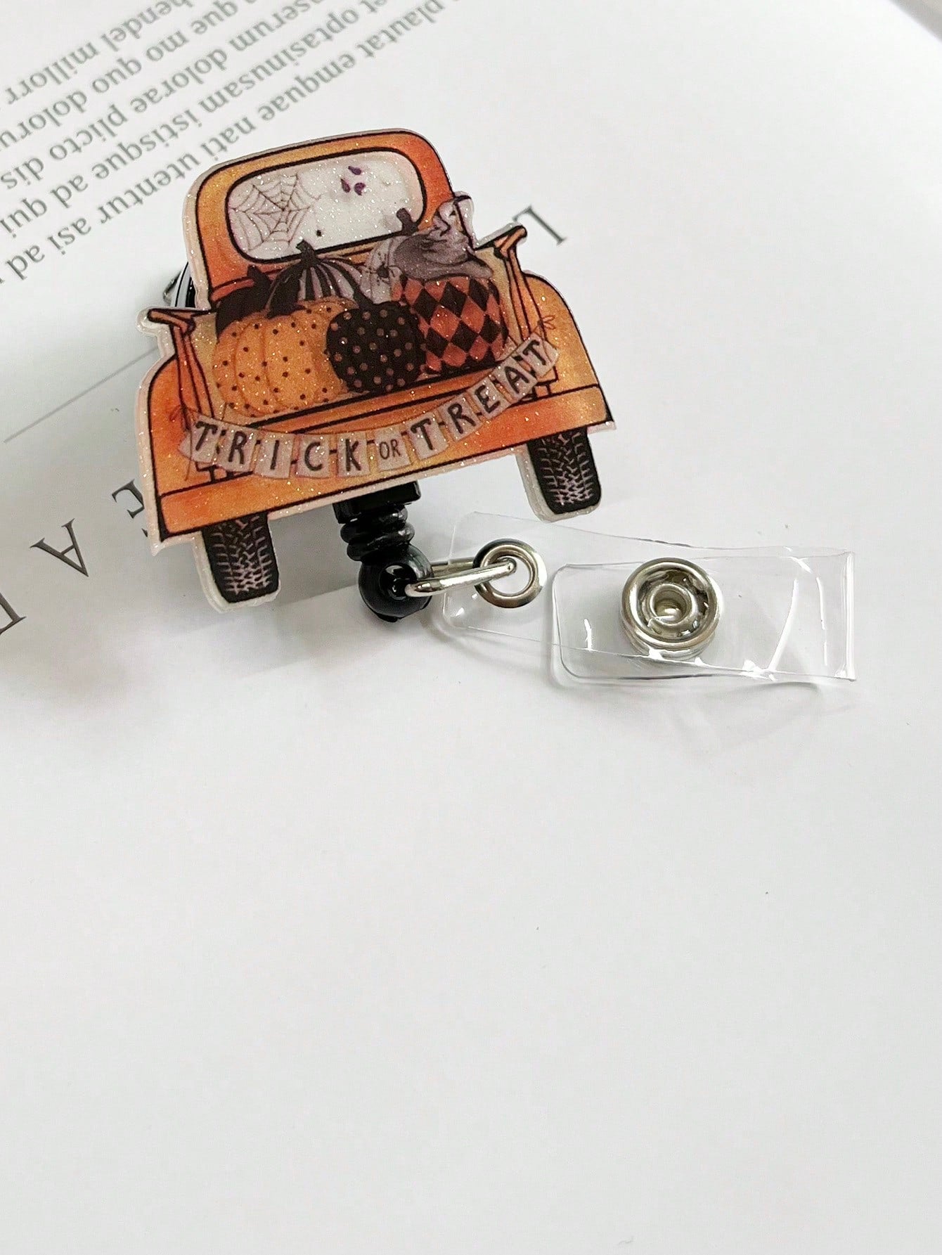Retractable Glitter Acrylic Pumpkin Car Trick or Treat Badge Reels Holders with Alligator Swivel Clip