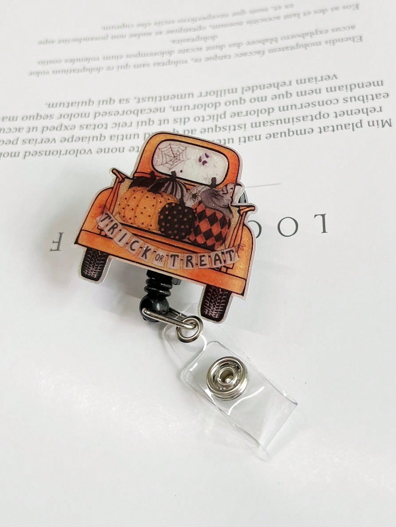 Retractable Glitter Acrylic Pumpkin Car Trick or Treat Badge Reels Holders with Alligator Swivel Clip