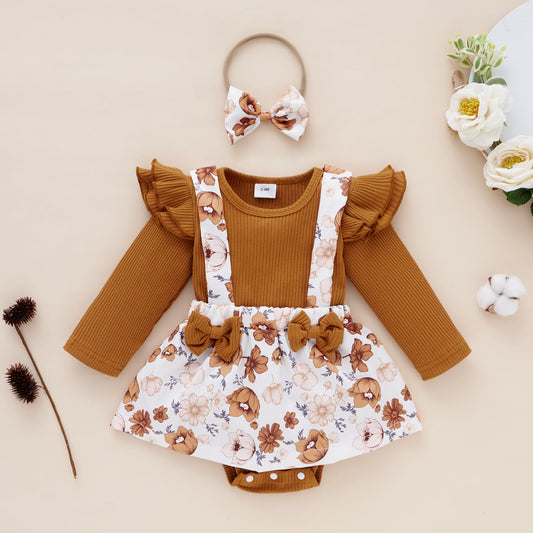 Ribbed 2pcs Floral Splicing Ruffle Long sleeve Baby Set