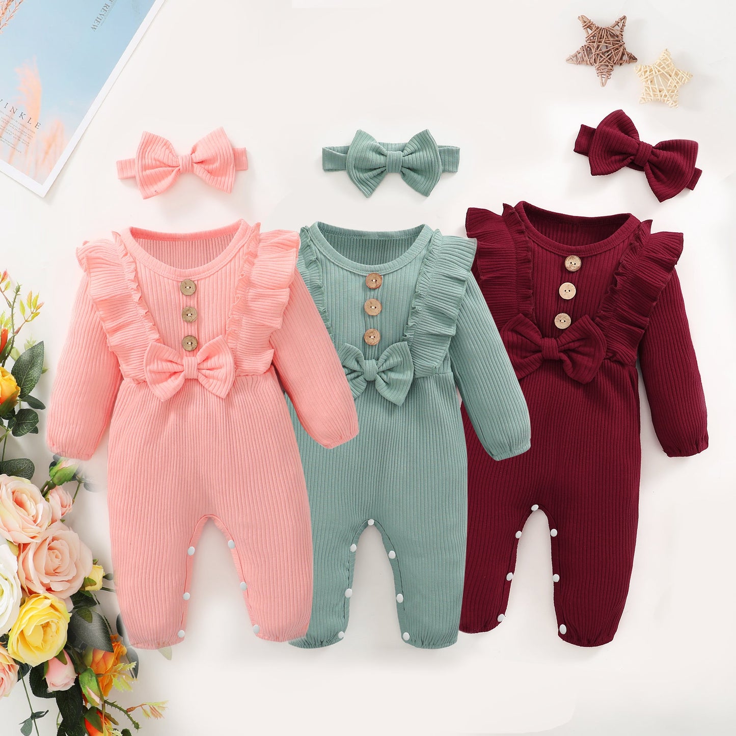 2pcs Baby Girl 95% Cotton Ribbed Long-sleeve Ruffle Bowknot Button Jumpsuit with Headband Set Sale